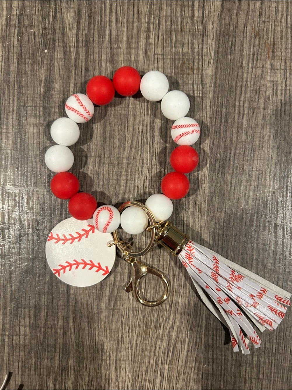 Baseball Beaded Wristlet Keychain - Red & White
